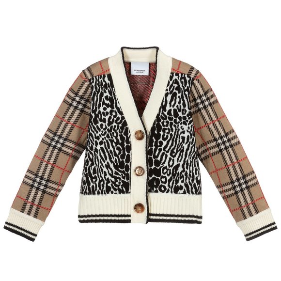 KIDS CHECK & LEOPARD MERINO WOOL JACQUARD CARDIGAN 7/8Y - Picture 1 of 10